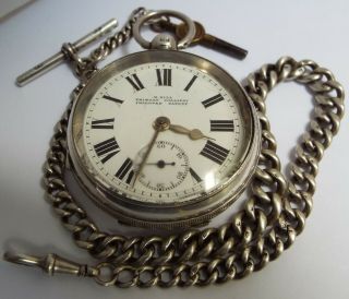 Large English Antique 1903 Sterling Silver Pocket Watch & Chain