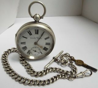 LARGE ENGLISH ANTIQUE 1903 STERLING SILVER POCKET WATCH & CHAIN 2