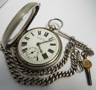 LARGE ENGLISH ANTIQUE 1903 STERLING SILVER POCKET WATCH & CHAIN 3