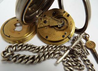 LARGE ENGLISH ANTIQUE 1903 STERLING SILVER POCKET WATCH & CHAIN 6
