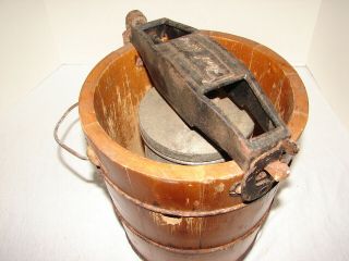 VINTAGE PRIMITIVE WOOD WOODEN BUCKET 2QT ICE CREAM MAKER FROST KING WOODENWARE 7