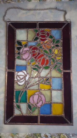 7.  5 " X 11.  5 " Handcrafted Stained Glass Window Panel Flower Garden