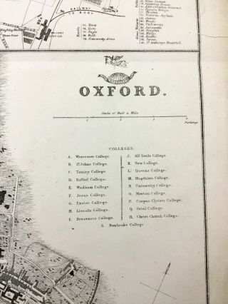 Antique Map Oxford Cambridge University City Plan 19th Century Old Colleges 8
