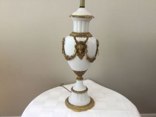 Antique Parian Bronze French Empire Table Lamp Faces Ribbons Bows