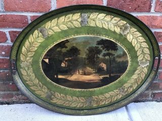 Early Antique Peinte Large Oval Painted Tole Tray C1850 Appraised 27”