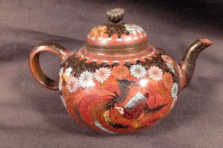 Antique Meiji Japanese Cloisonne Rare Teapot W Dragon & Pheasant W Gold Dust