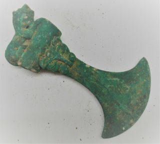 Authentic Ancient Han Dynasty Bronze War Axe With Lion Face And Lion On Top 200b