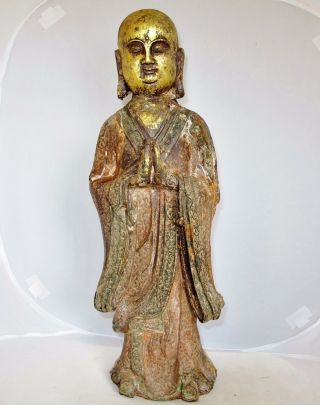 18.  5 " Antique Chinese Gold Gilt & Painted Cast Iron Buddha Or Monk Statue