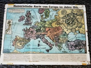 Rare Valuable Satirical Map Of Europe 1914 Propaganda Satirical Map