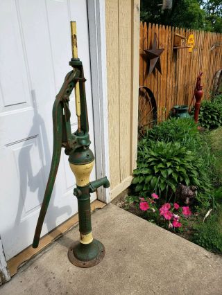Vintage Antique Water Pump Well Cast Iron Painted John Deere HEAVY Farmhouse 3