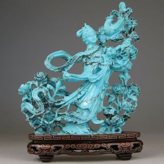 Antique Rare Chinese Turquoise Figure Statue Carved Kwanyin Stand - Republic