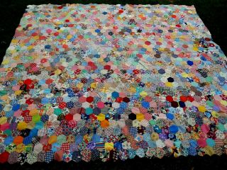 Vintage 1930 Hs Colorful Bright Quilt Top 3000 Pc Feed Sack Hexagons Xlrg Minty