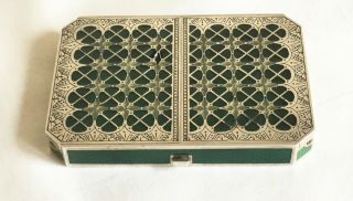 Vintage Art Deco Sterling Silver Guilloche Green Enamel & Glass Compact Box 10