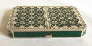 Vintage Art Deco Sterling Silver Guilloche Green Enamel & Glass Compact Box