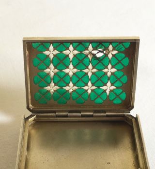 Vintage Art Deco Sterling Silver Guilloche Green Enamel & Glass Compact Box 7