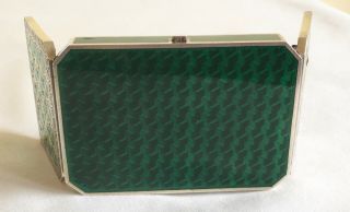 Vintage Art Deco Sterling Silver Guilloche Green Enamel & Glass Compact Box 8