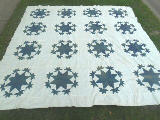 Vintage Cotton Hs Blue White Quilt Top 16 Lrg 8 Pt & 144 Sm 5 Pt Stars 88x90