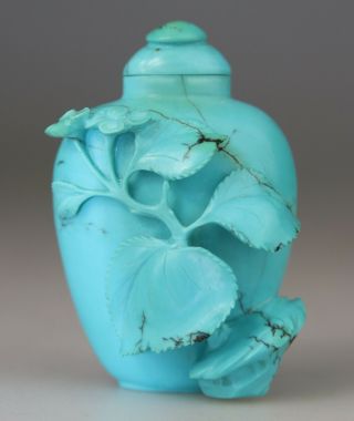 Antique Chinese Turquoise Stone Carved Vase Snuff Bottle Flowers - Qing 19th