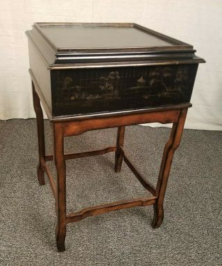 Ethan Allen Asian Distressed Paint Decorated Silver Chest Lined Mahogany Stand