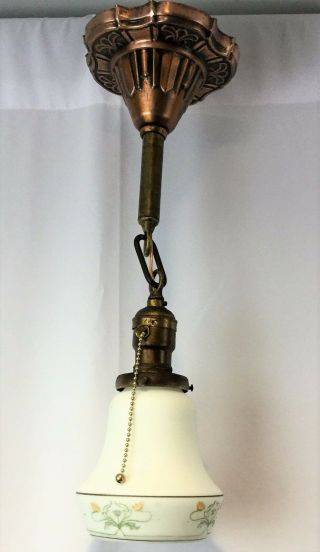 Antique Light Pendant Sconce Art Deco Copper Canopy Hand Painted Shade Restored