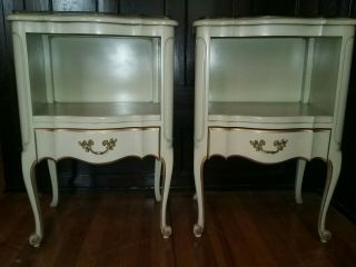 Vtg Pair French Provincial Cabinet Nightstands End Tables w Drawers & Glass Tops 2