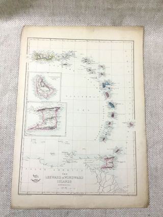 Antique Map Of Barbados The Leeward Islands Trinidad Hand Coloured 19th Century