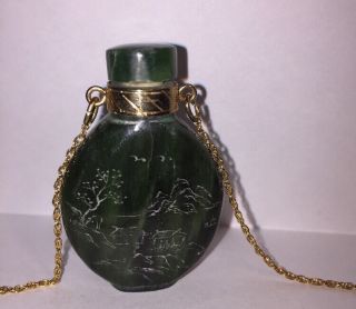 Antique Natural Spinich Green Jadeite Scrimshaw Snuff Bottle Pendant / Necklace