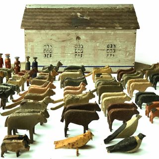 A Fine 19th C German Folk Art Hand Painted Wooden Noahs Ark 163 Carved Animals