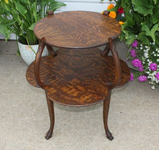 Antique Quarter Sawn Oak 2 Scalloped Tier Center Accent Table Carved Claw Feet 2