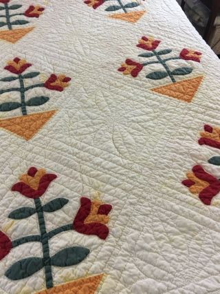 OMG VINTAGE HANDMADE CHEDDAR & RED COLONIAL TULIP QUILT 77 