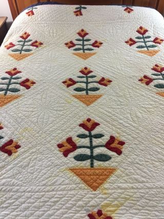 Omg Vintage Handmade Cheddar & Red Colonial Tulip Quilt 77 " X 75 " Well Quilted