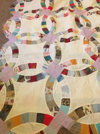 Antique Wedding Ring Quilt Top 76”x76” Handpieced Vintage Unfinished Top 2