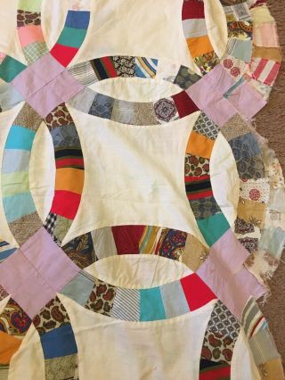 Antique Wedding Ring Quilt Top 76”x76” Handpieced Vintage Unfinished Top 3