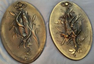 Pair Antique Victorian Heavy Bronze Hanging Game Plaques Detailed