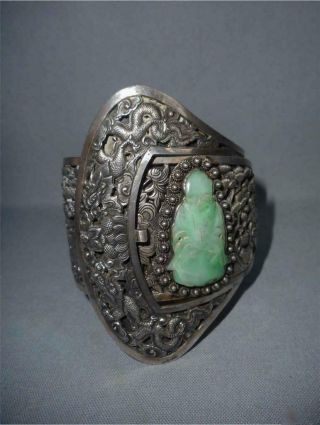 Antique China Top Art Deco Silver Belt Buckle Cuff Bracelet With Jade Inlay