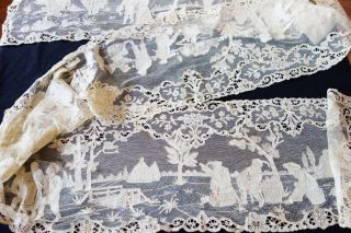 Antique Lace - 124” Needle Lace Table Runner W/figures,  Animals,  Musicians,  Gardens