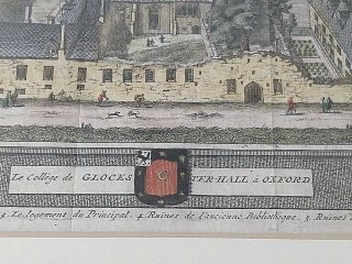 Rare Antique Hand Colored Copper Engraving Oxford College 1727 Framed 3