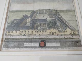 Rare Antique Hand Colored Copper Engraving Oxford College 1727 Framed 4