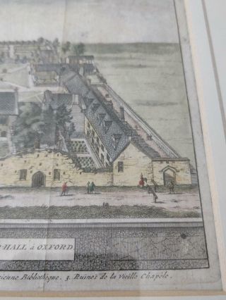 Rare Antique Hand Colored Copper Engraving Oxford College 1727 Framed 9