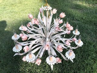 Huge Vintage Toleware Chandelier Metal Flower 12 Arm Chic Hanging Light