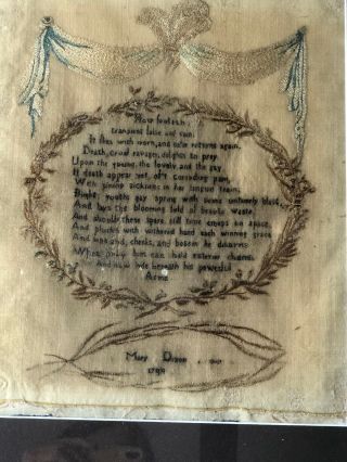 18th C Antique American Folk Art Memorial Death Poem Sampler 1794 Mary Dixon