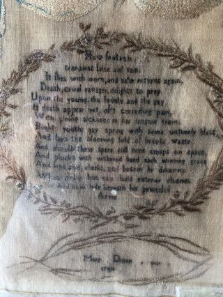 18th C Antique American Folk Art Memorial Death Poem Sampler 1794 Mary Dixon 2