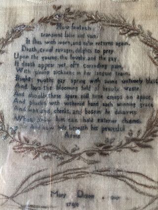 18th C Antique American Folk Art Memorial Death Poem Sampler 1794 Mary Dixon 3