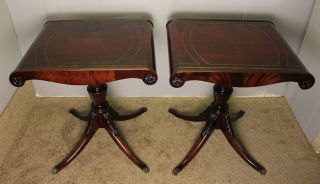 1920 English Regency Style Mahogany Red Leather Top Side Tables / End Tables