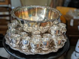 Vintage Silverplate Punch Bowl Set With 26 Cups,  Ladles And Tray 1847 Rogers Bros