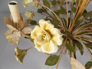 Mid Century Italian Tole Chandelier with Porcelain Flowers Six - light 10