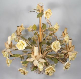 Mid Century Italian Tole Chandelier With Porcelain Flowers Six - Light