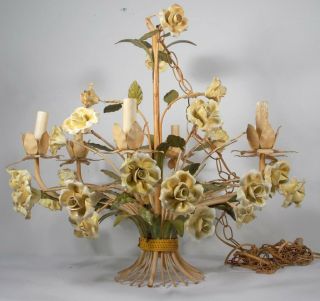 Mid Century Italian Tole Chandelier with Porcelain Flowers Six - light 2