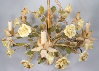 Mid Century Italian Tole Chandelier with Porcelain Flowers Six - light 3