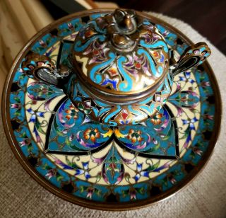 RARE ANTIQUE 19TH CENTURY INTRICATE FRENCH CLOISONNE & BRONZE INKWELL 3